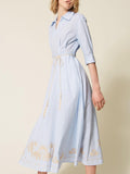 Actitude Vestito Midi Donna 261AT2032 Off White/light Blue Embr. Pin - Celeste