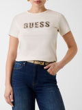 Guess T-shirt Ss Cn Snake Script Rhinestone Donna W6YI30K4349 Cream White - Bianco